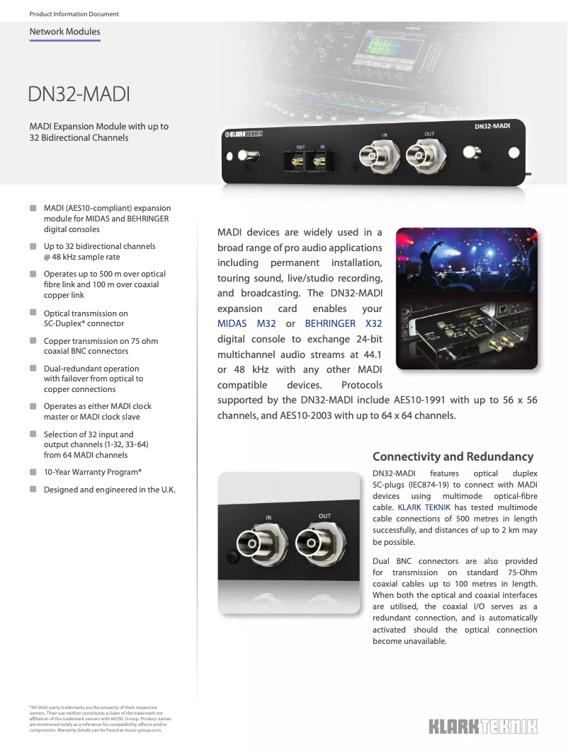 Page 1 de la notice Fiche technique Klark Teknik DN32-MADI