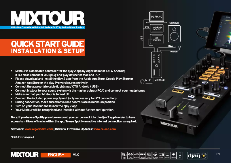 Page 1 de la notice Manuel utilisateur Reloop Mixtour