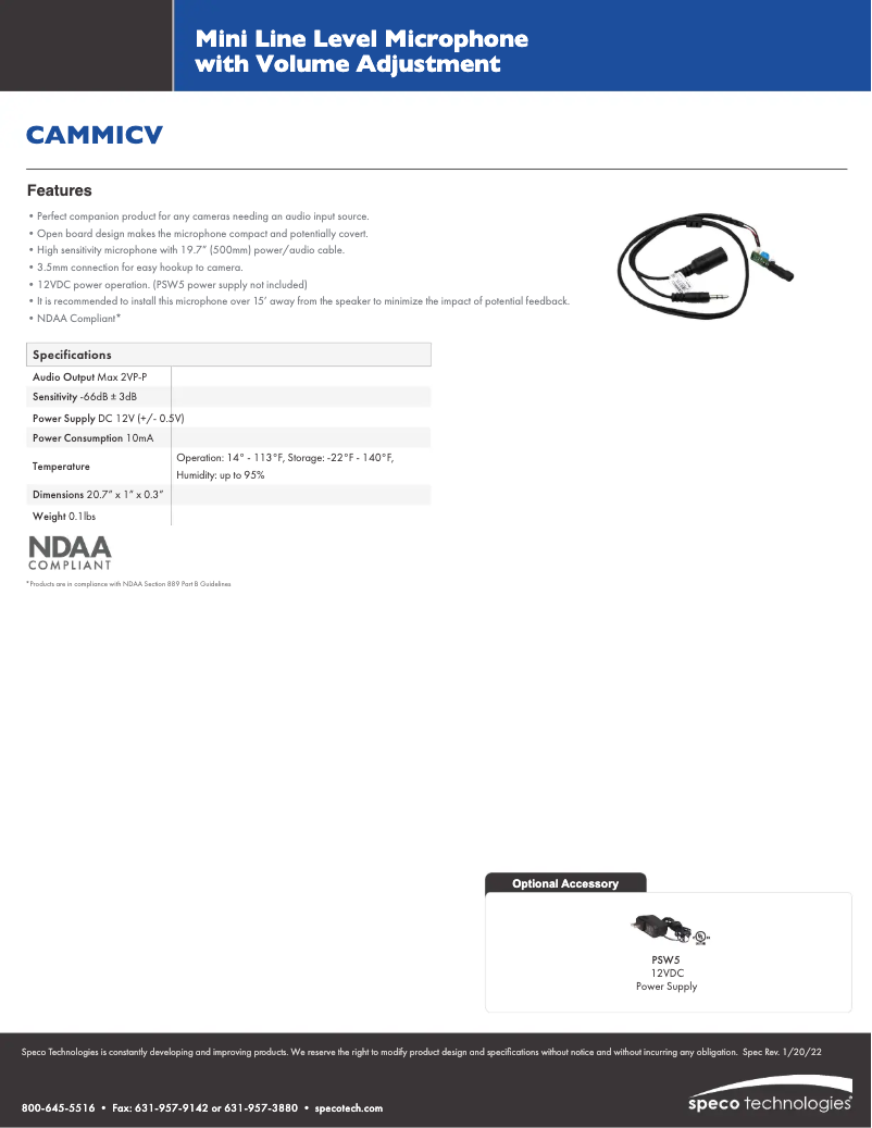 Página 1 del manual Ficha técnica Speco Technologies CAMMICV
