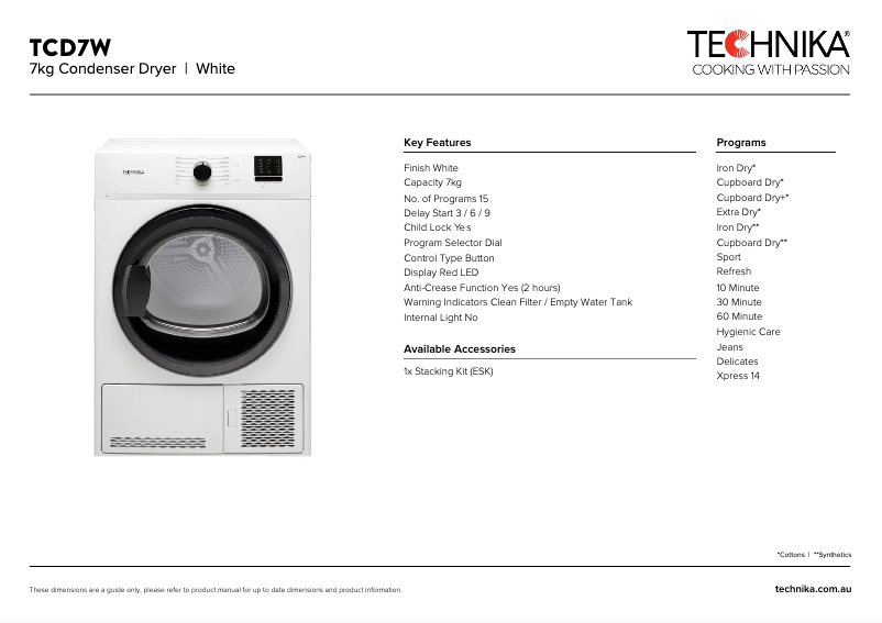 Page 1 de la notice Fiche technique Technika TCD7W