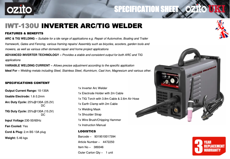 Page 1 de la notice Fiche technique Ozito IWT-130U
