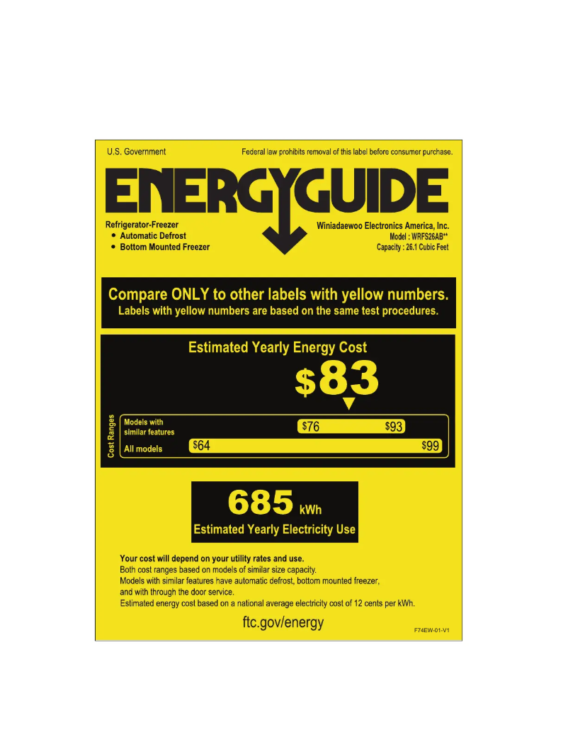 Page 1 de la notice Label énergétique Winia WRFS26ABWD