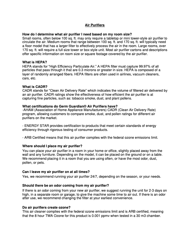 Página 1 del manual Preguntas frecuentes PureGuardian DH201