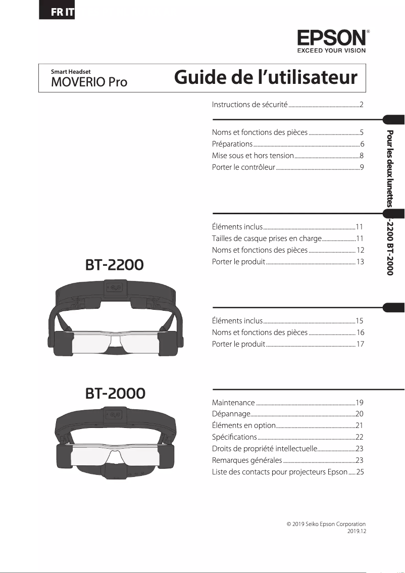 Page 1 de la notice Manuel utilisateur Epson Moverio Pro BT-2000