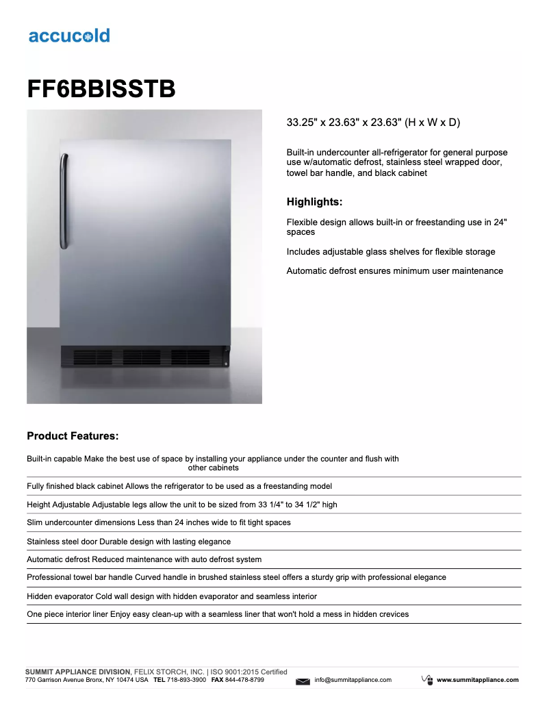 Page 1 de la notice Fiche technique Summit FF6BBISSTB