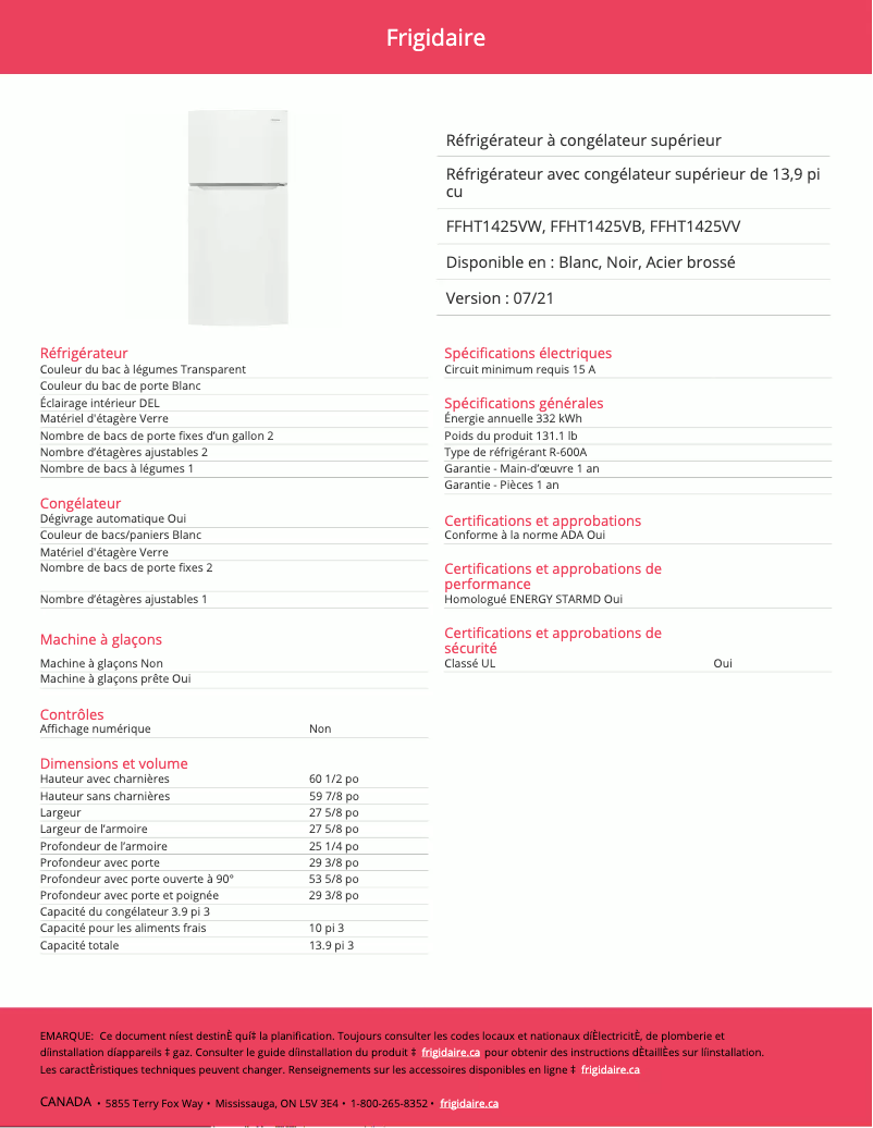 Página 1 del manual Ficha técnica Frigidaire FFHT1425VW