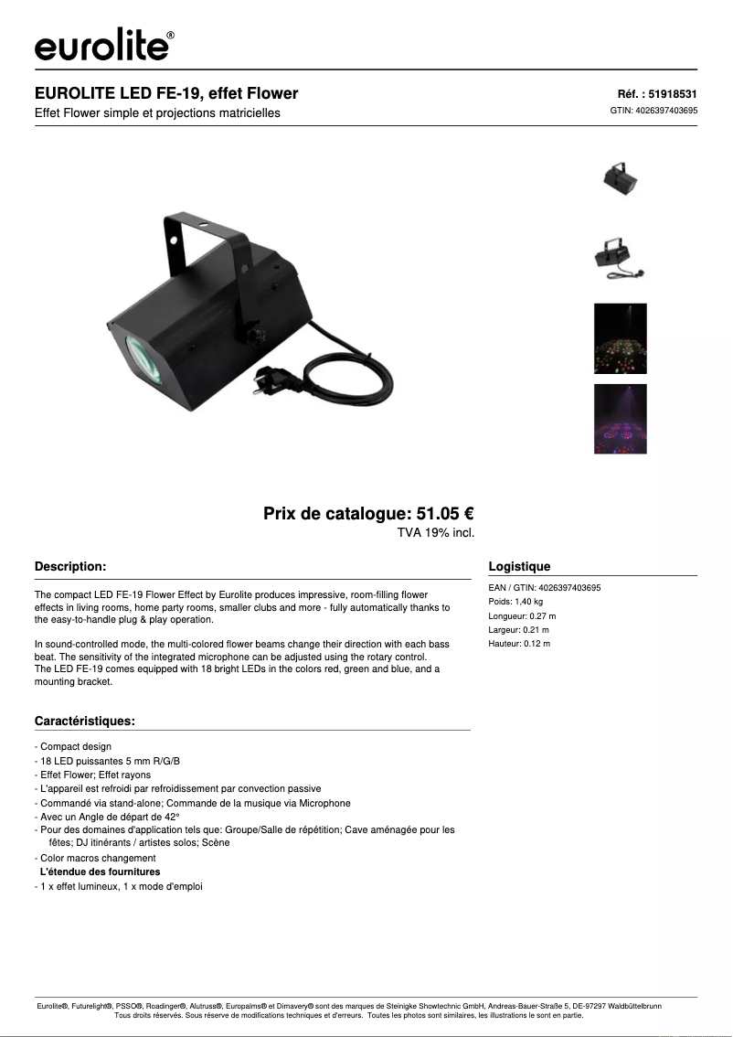 Page 1 de la notice Fiche technique Eurolite LED FE-19