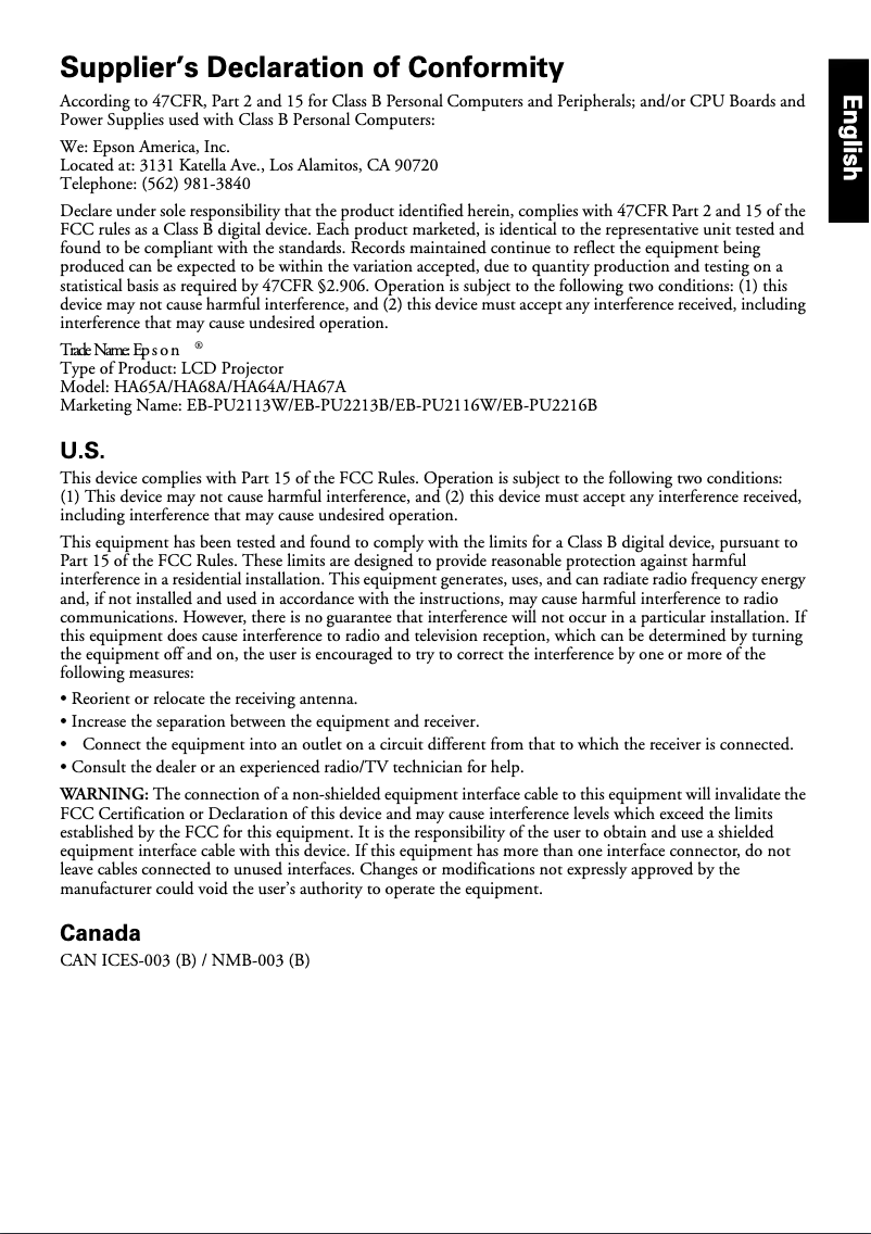 Page 1 de la notice Manuel utilisateur Epson EB-PU2113W