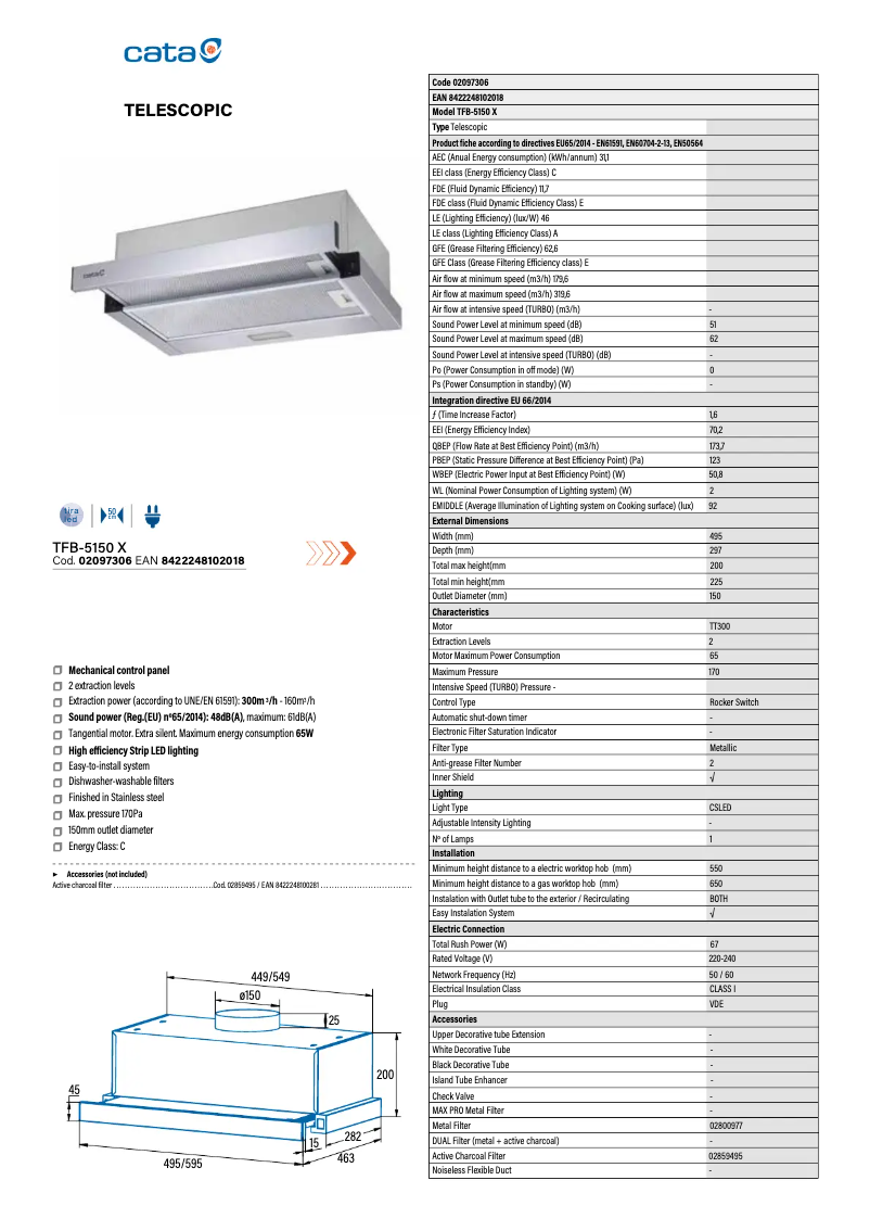 Page 1 de la notice Fiche technique CATA TFB 5160X