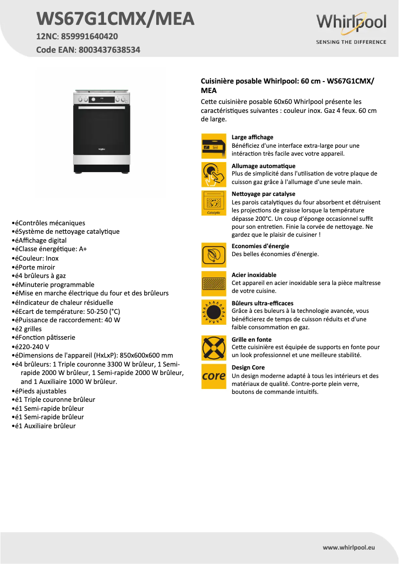 Page 1 de la notice Fiche technique Whirlpool WS67G1CMX