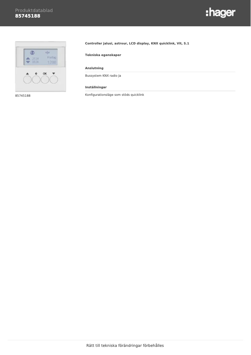 Page n°1 - Fiche technique Hager 85745188