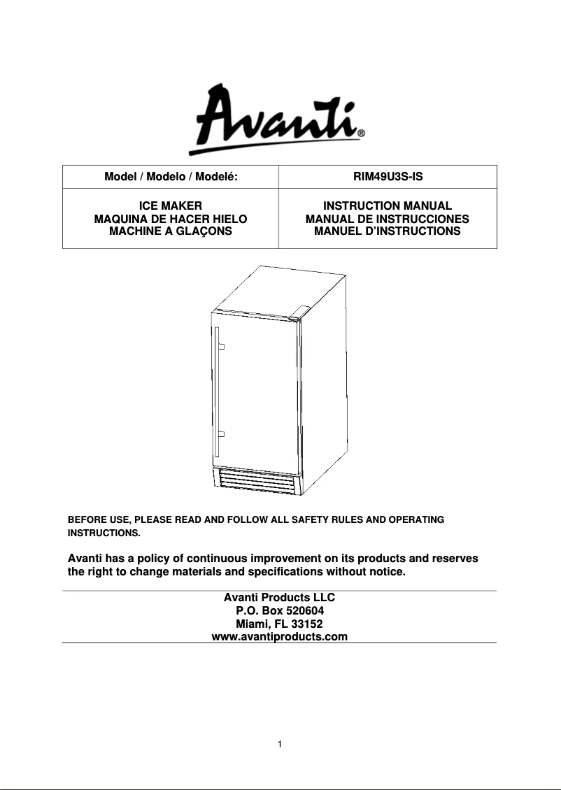 Página 1 del manual Manual de usuario Avanti RIM49U3S-IS