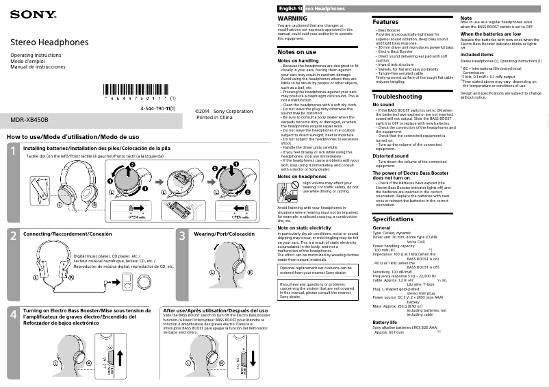 Page 1 de la notice Manuel utilisateur Sony MDR-XB450B