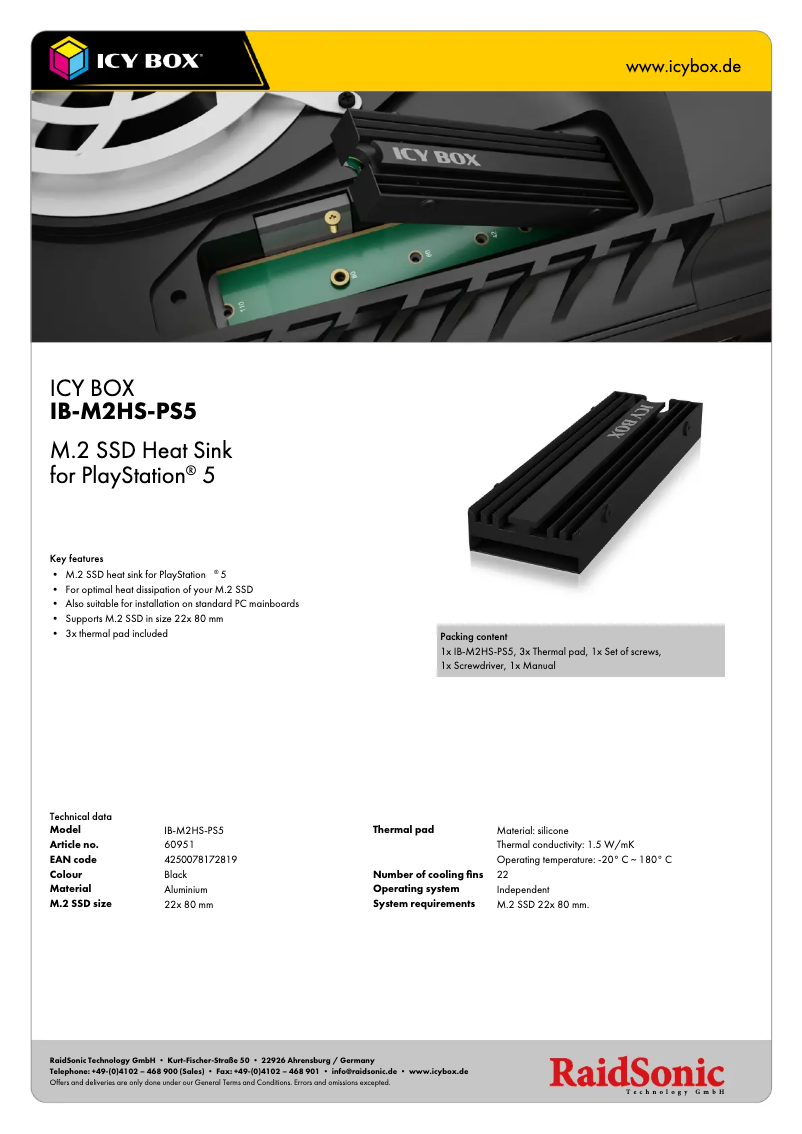 Página 1 del manual Ficha técnica Icy Box IB-M2HS-PS5