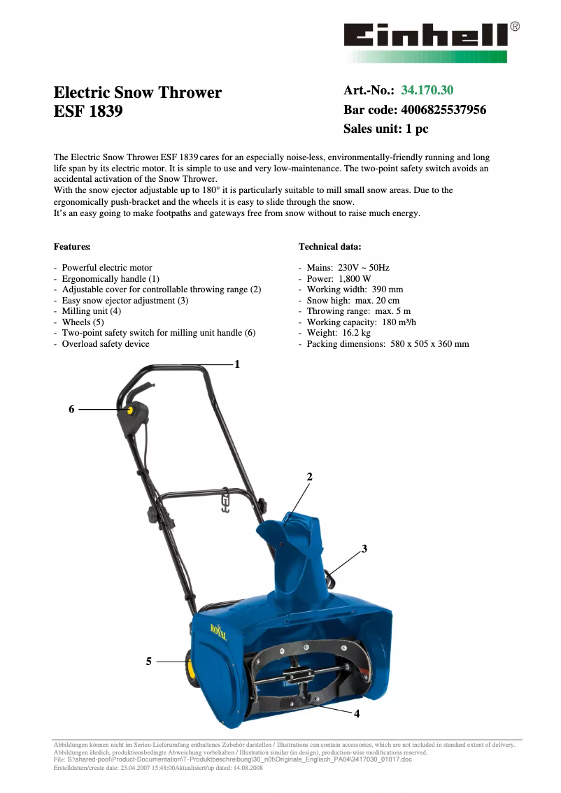 Page 1 de la notice Manuel utilisateur Einhell Royal ESF 1839