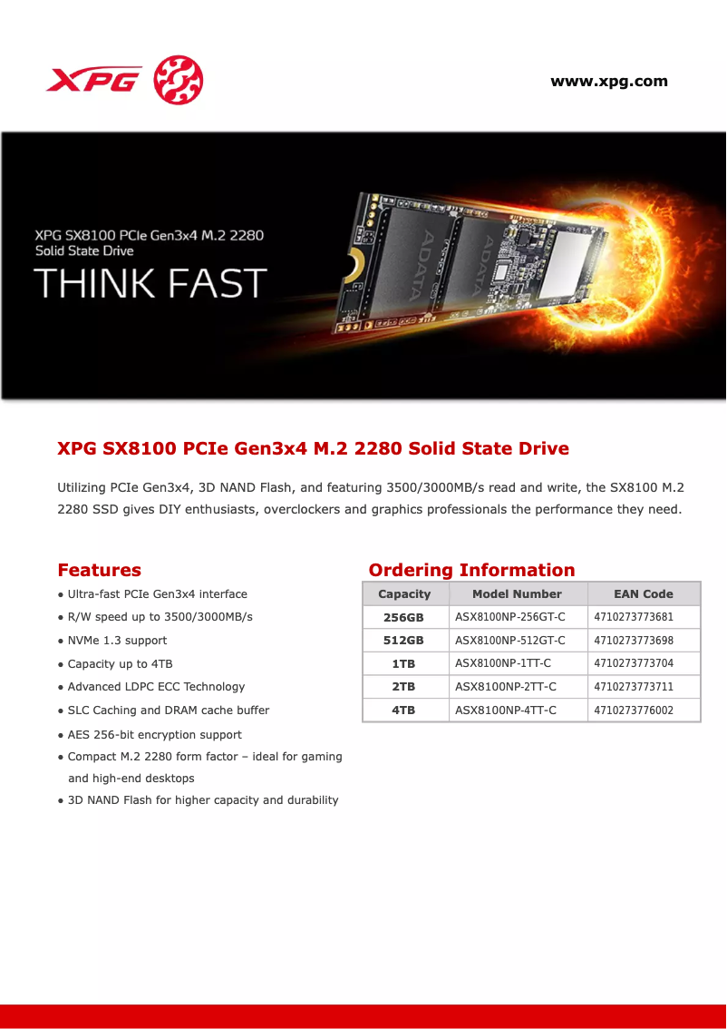 Page 1 de la notice Manuel utilisateur ADATA XPG SX8100