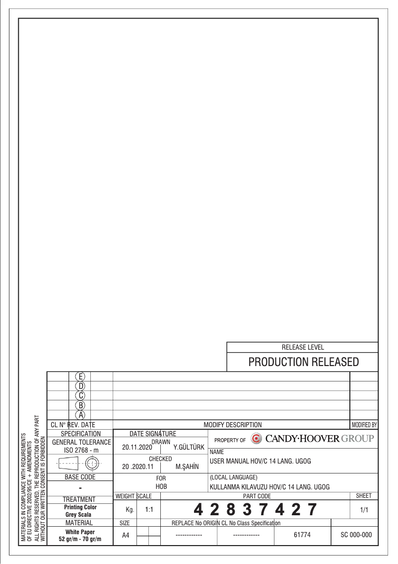 Page 1 de la notice Manuel utilisateur Hoover HVG74WK3W