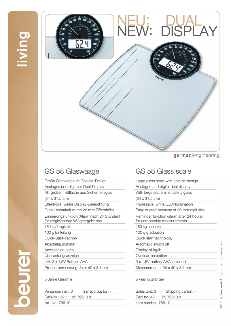 Page 1 de la notice Fiche technique Beurer GS 58