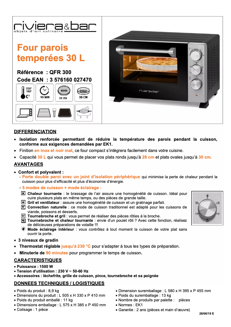 Page 1 de la notice Fiche technique Riviera & Bar QFR300