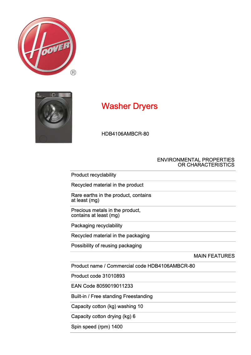 Page n°1 - Fiche technique Hoover H-WASH&DRY 500 HDB4106AMBCR-80