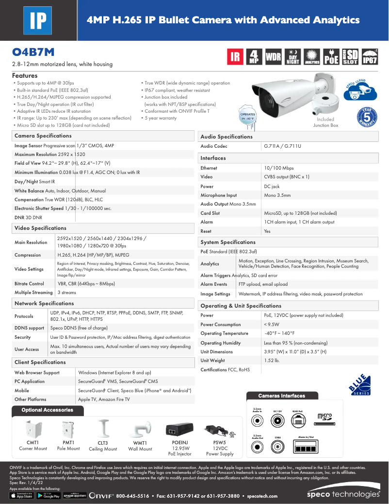 Page 1 de la notice Fiche technique Speco Technologies O4B7M