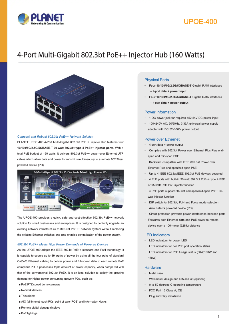 Page 1 de la notice Fiche technique Planet UPOE-400