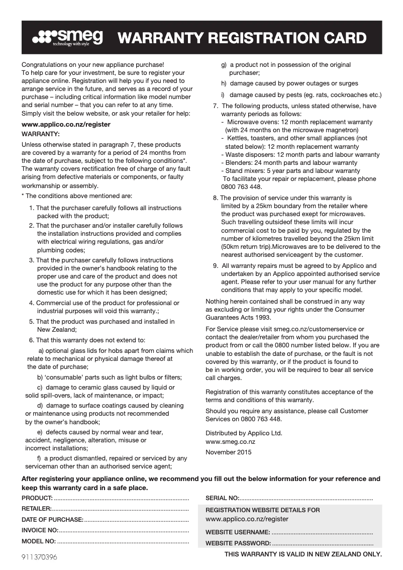 Page 1 de la notice Informations de garantie Smeg FS9010CER-1