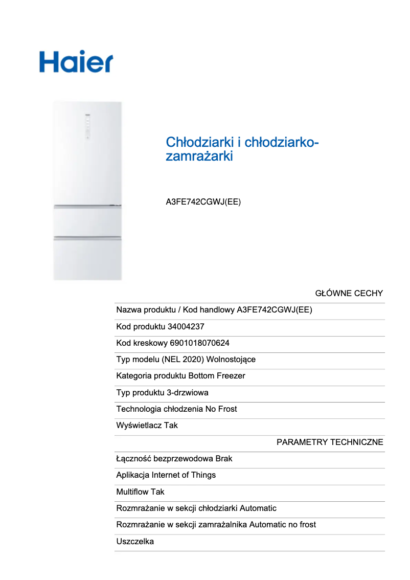 Image de la première page du manuel de l'appareil A3FE742CGWJ