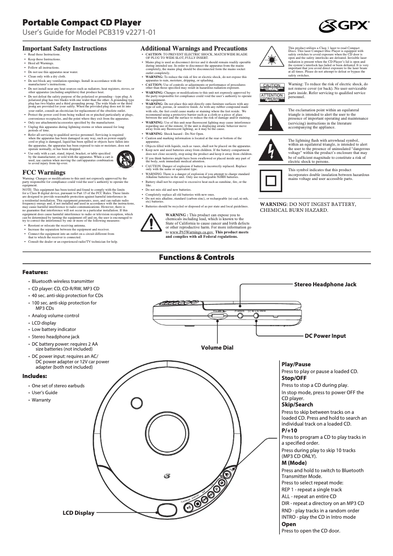 Page 1 de la notice Manuel utilisateur GPX PCB319