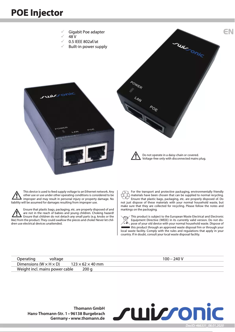 Page n°1 - Manuel utilisateur Swissonic POE Injector
