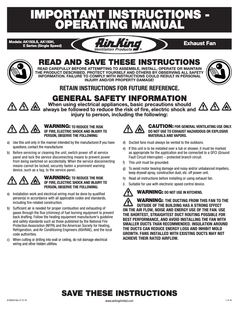 Page n°1 - Instructions / montage Air King AK150LS