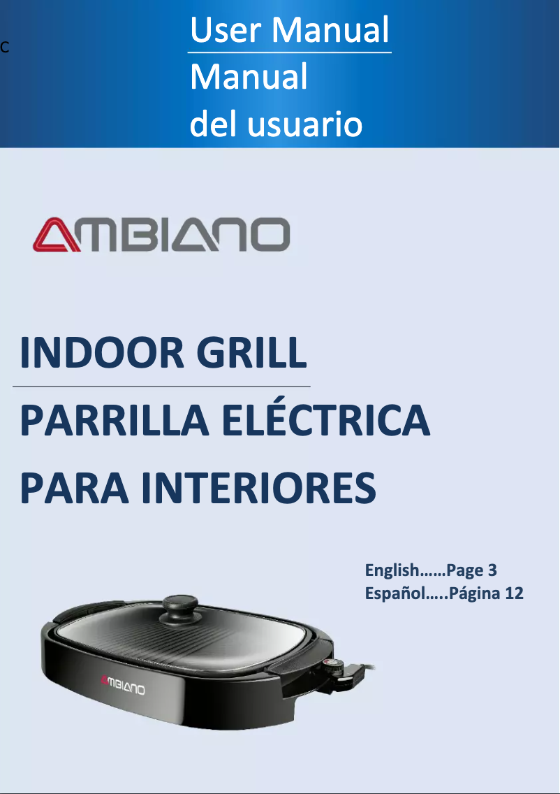 Page 1 de la notice Manuel utilisateur Ambiano Indoor Grill TXG-037B