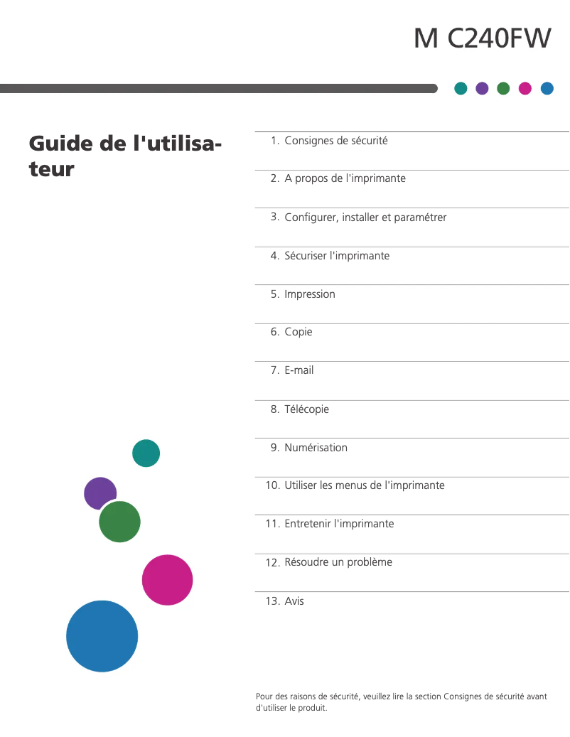 Page 1 de la notice Guide d'installation Ricoh M C240FW