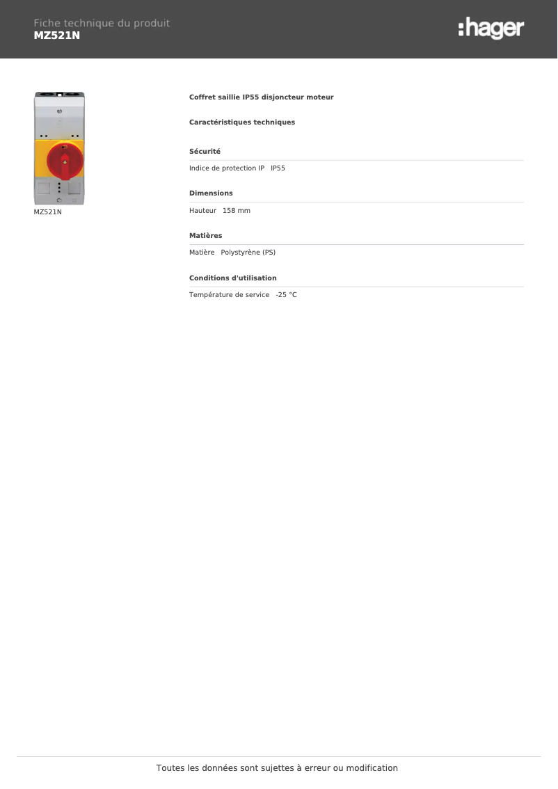 Page n°1 - Fiche technique Hager MZ521N