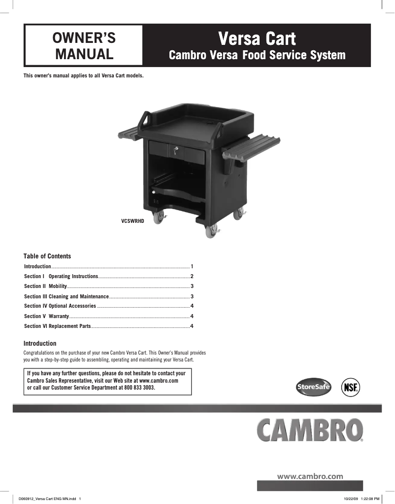 Page 1 de la notice Manuel utilisateur Cambro VCSWR110