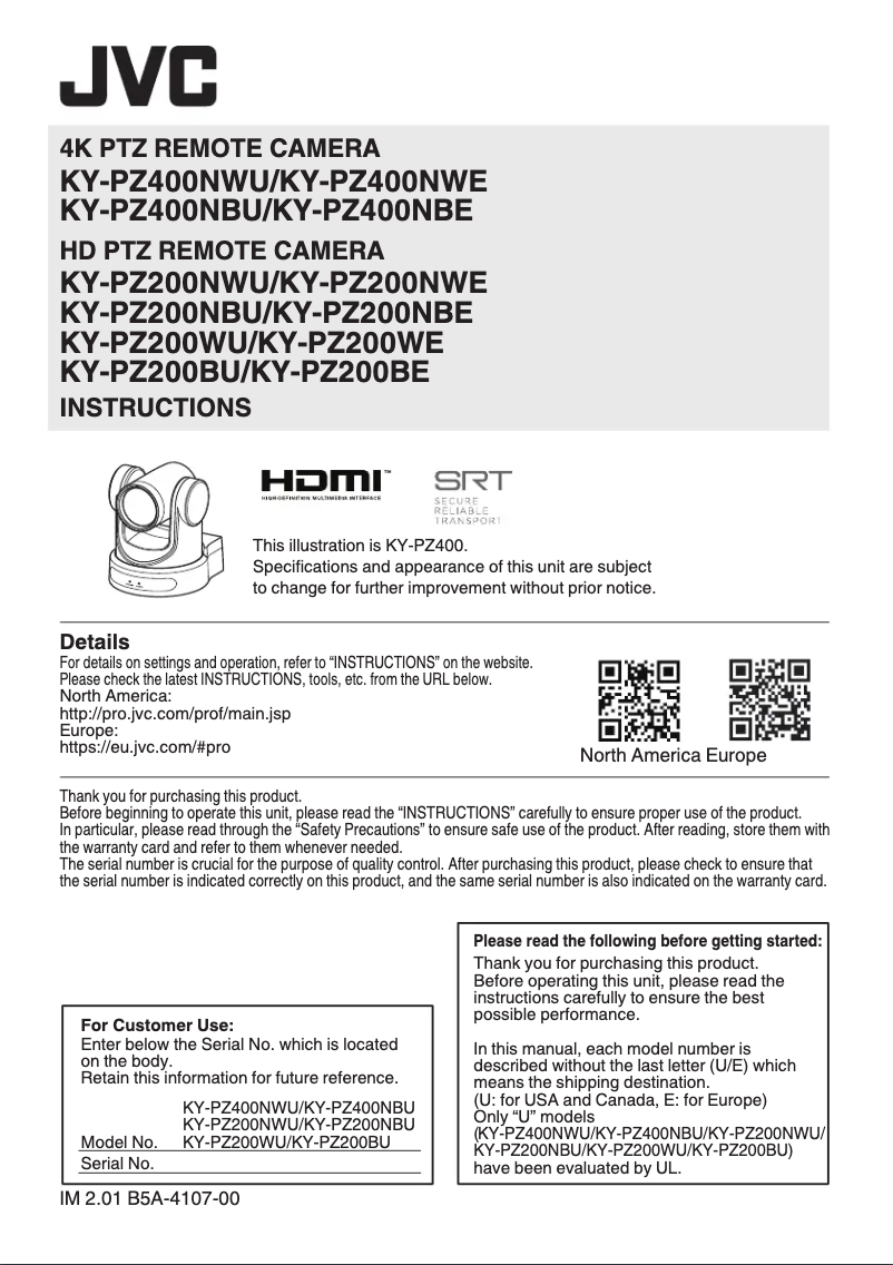 Page 1 de la notice Manuel utilisateur JVC KY-PZ200