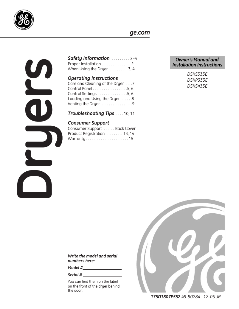 Page n°1 - Manuel d'utilisation et d'entretien GE DSKS433EAWW