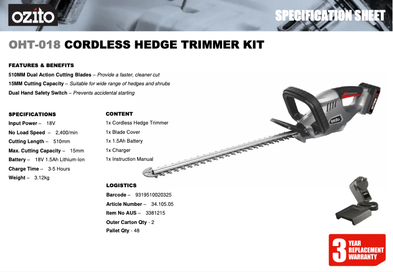 Page 1 de la notice Fiche technique Ozito OHT-018