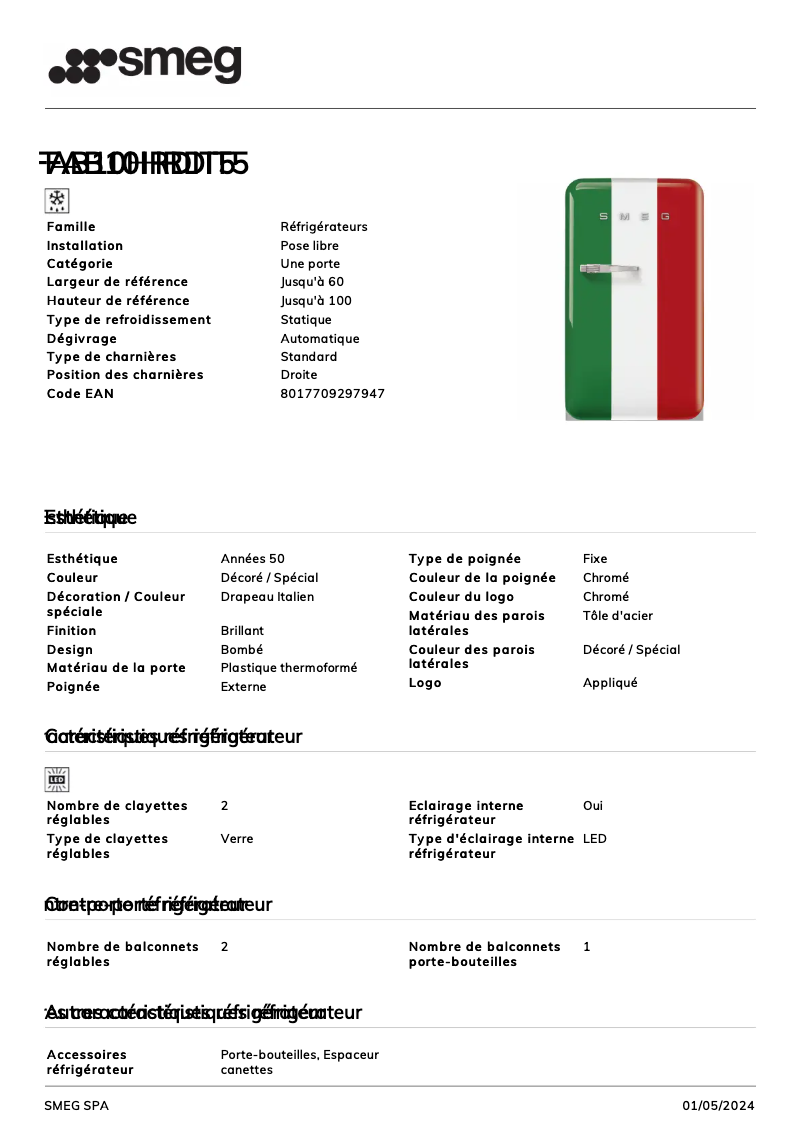 Page 1 de la notice Fiche technique Smeg FAB10HRDIT5