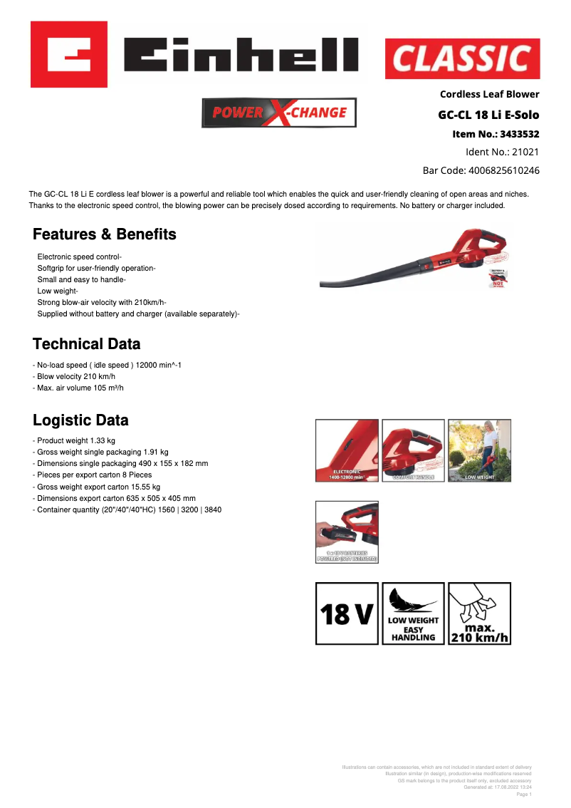 Page 1 de la notice Fiche technique Einhell GC-CL 18 Li E