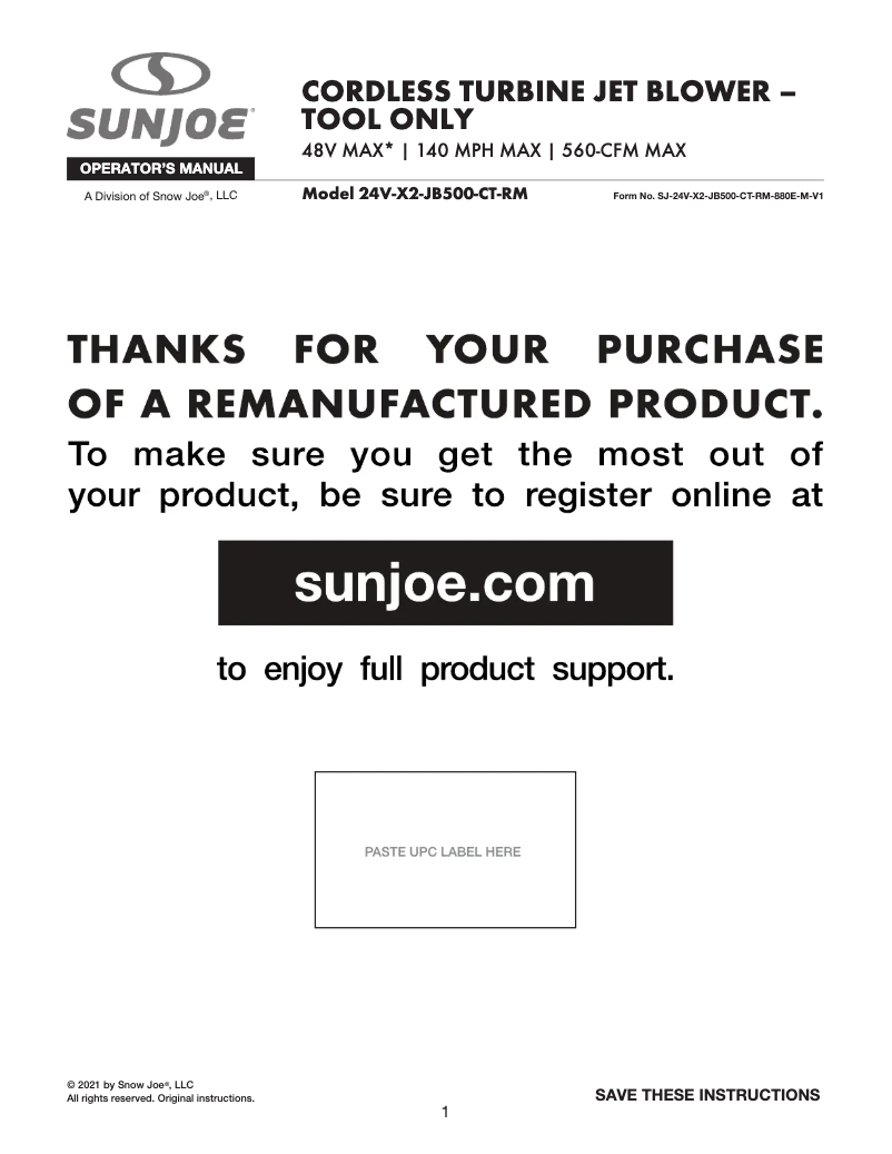 Page 1 de la notice Manuel utilisateur Sun Joe 24V-X2-JB500-CT-RM