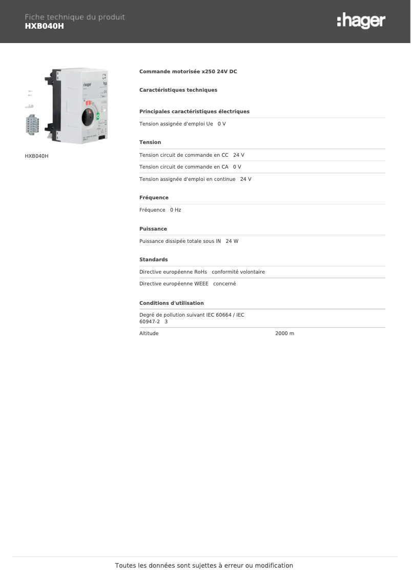 Page n°1 - Fiche technique Hager HXB040H