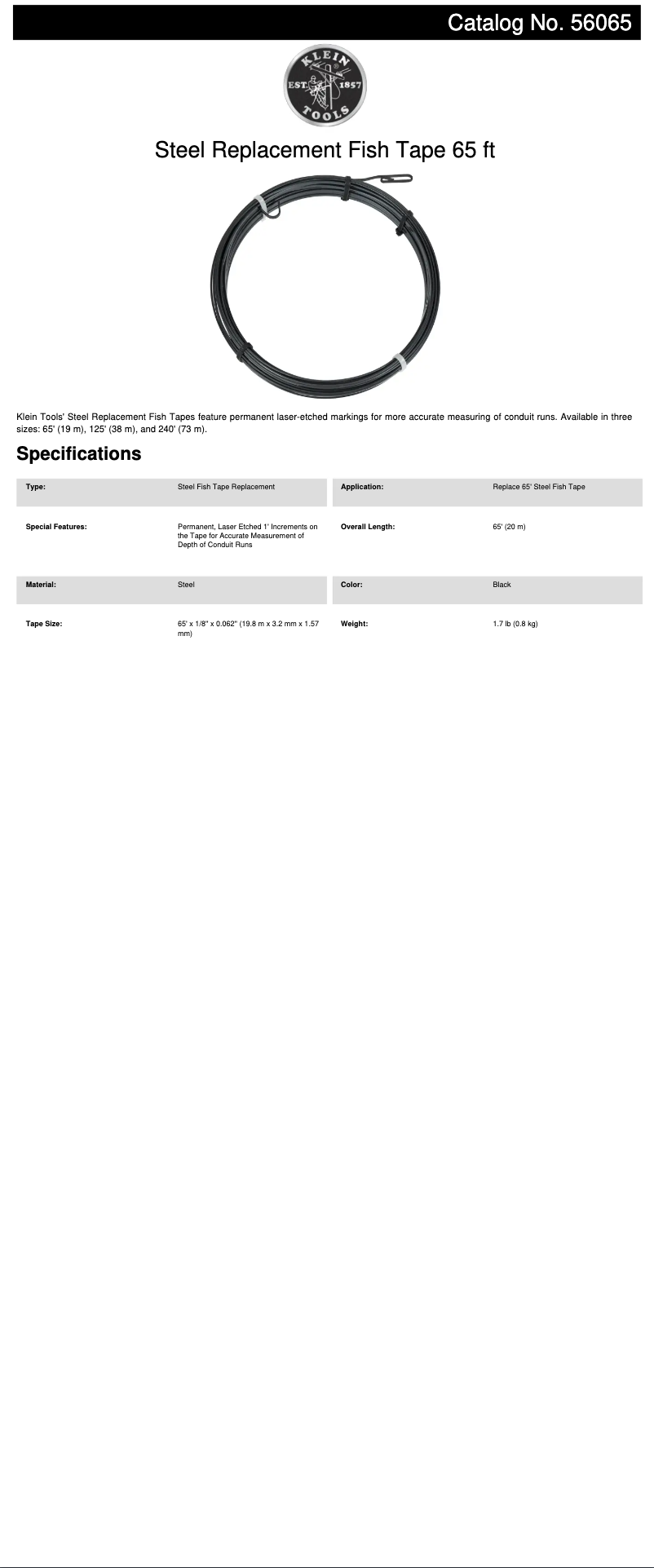 Page 1 de la notice Fiche technique Klein Tools 56065