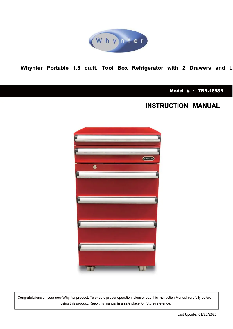 Page 1 de la notice Manuel utilisateur Whynter TBR-185SR