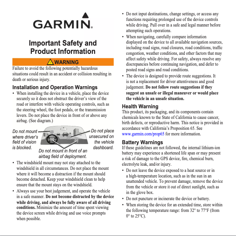Page 1 de la notice Instructions de sécurité Garmin zumo 220