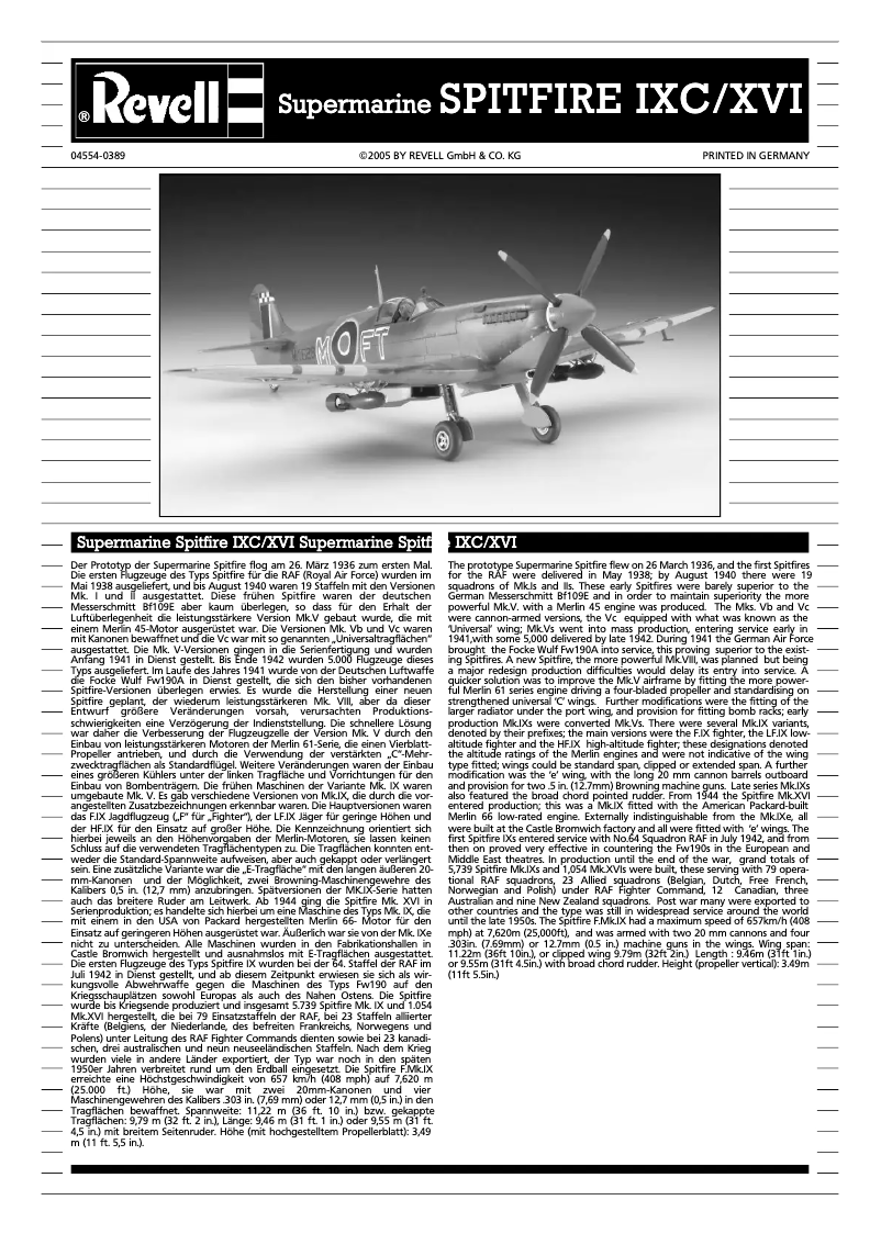 Page 1 de la notice Manuel utilisateur Revell Supermarine SPITFIRE Mk.IX/XVI