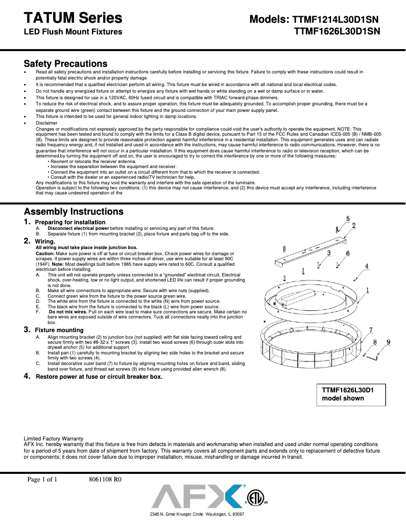 Page n°1 - Manuel utilisateur AFX Tatum TTMF1626L30D1SN