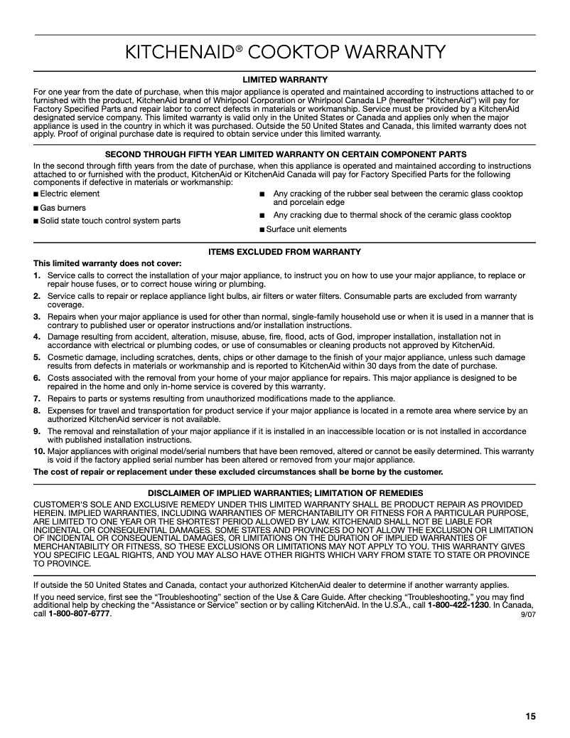 Page 1 de la notice Informations de garantie KitchenAid KECC667BSS