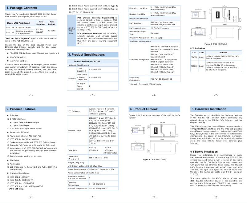 Page 1 de la notice Manuel utilisateur Planet POE-165
