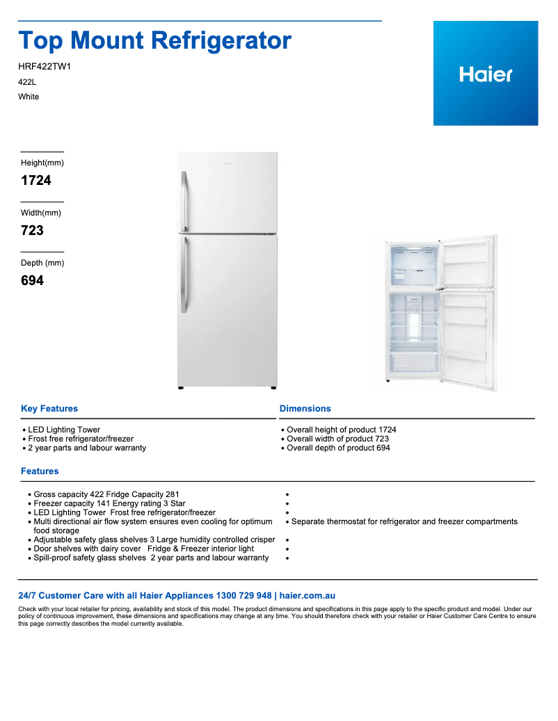 Page 1 de la notice Fiche technique Haier HRF422TW1